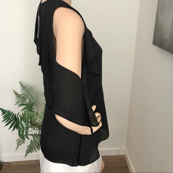 Joseph Ribkoff Black Ruffled Cold Shoulder Top - Picture 2 of 10